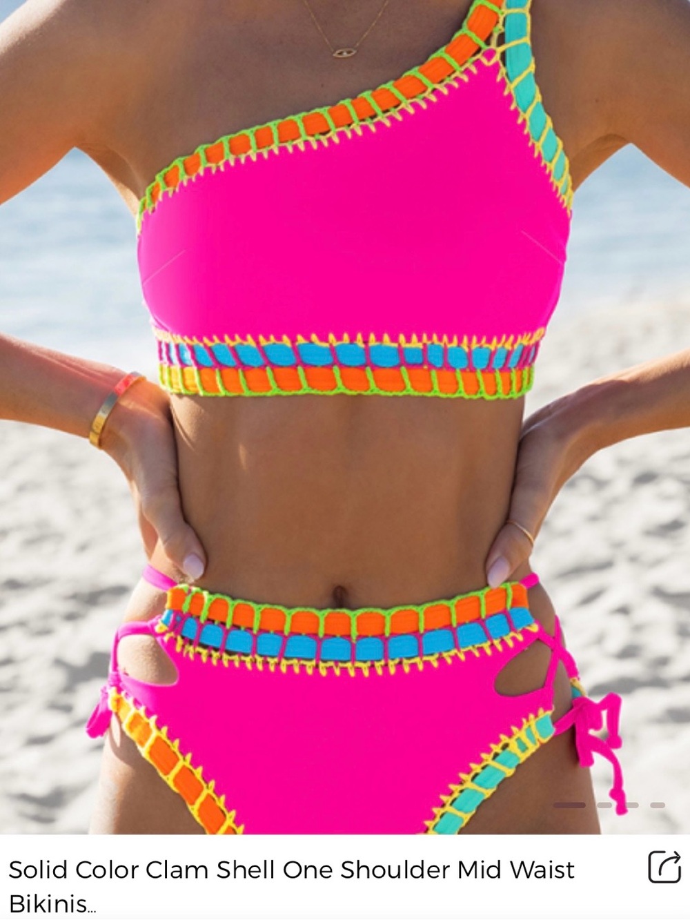Popvil. Solid Color Clam Shell One Shoulder Mid Waist Bikini - Picture 6 of 8